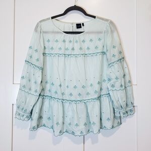 Kaari Blue Embroidered Bees Blouse Semi Sheer 3/4 Sleeve Blue Green Sz Large